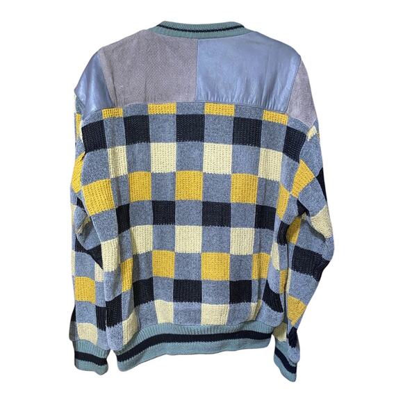 VTG 90s Saxony Leather Knit Sweater HipHop Coogi Style multicolor Texturized SzM - Picture 3 of 8